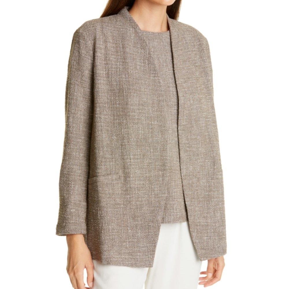 EILEEN FISHER Slub Tweed Open Front Jacket Pocket Cotton Blend Driftwood